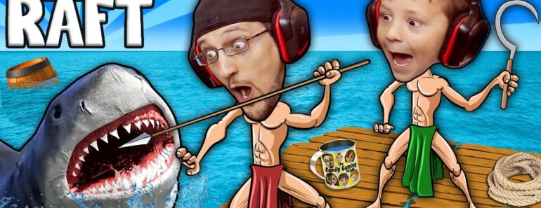 SHARK SONG on RAFT! Survival Game w/ Baby Shawn in Danger! 1st Night Minecraft? FGTEEV Gameplay/Skit