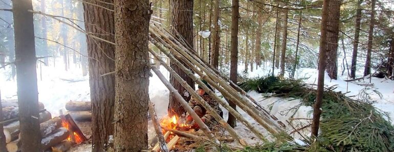 Building Primitive Shelter In Winter Forest, Outdoor Cooking, Survival Skills,