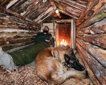 Building Warm Bushcraft Survival Shelter in Wildlife, Fireplace, Campfire Cooking,