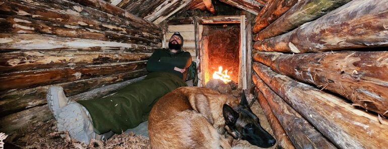 Building Warm Bushcraft Survival Shelter in Wildlife, Fireplace, Campfire Cooking,