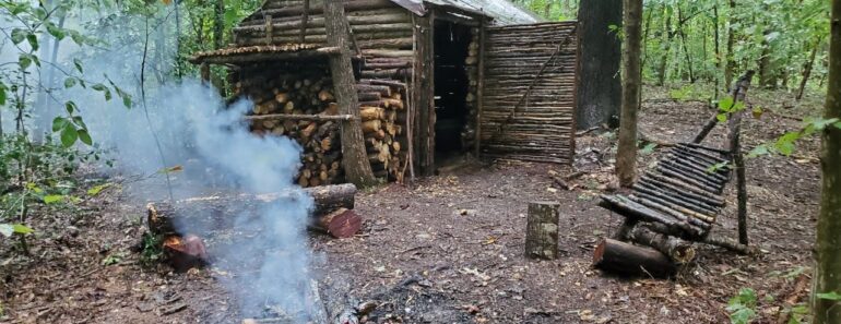 Bushcraft Log Cabin Camping in Rain Storm